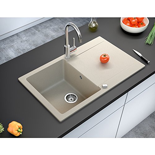 Spüle Granitspüle Küchenspüle Einbauspüle Auflage 780 x 495 mm eckig glatte Ablage Spülbecken + Drehexcenter + Siphon (Beige (111)) - 5