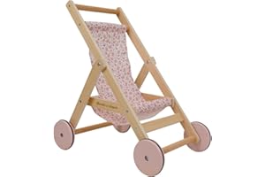 Bandits & Angels Puppenbuggy Lovely Flowers aus Holz – ab 2 Jahren – Puppenwagen aus Holz – für Puppen bis 50 cm – Puppenwagen Rosa mit Blumen – Puppenbuggy