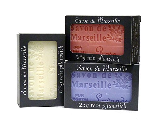 100% Naturseifen: Lavendelseife & Rosenseife & Maiglöckchenseife, 3-teiliges Seifenset (Savon de Marseille)