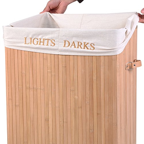 Wäschekorb Wäschekörbe Wäschebox Wäschetruhe Wäschesammler Bambus mit Leinen Kleidersack Wäschetone Wäschewagen 100L (Natur) - 7