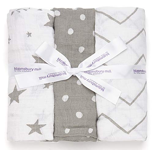 Bloomsbury Mill - Pack of 3 x Large Muslin Swaddles - Pram & Nursing Cover - 100% Pure Cotton Muslin in Gifting Ribbon - 120cm x 120cm - Stars, Chevrons & Polka Dots - Grey & White