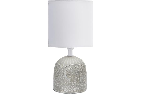 Aigostar Lampe de Chevet, Lampe en Céramique Grise avec Gravure Papillon, Abat-jour en Tissu Blanc, Douille E14, H26cm