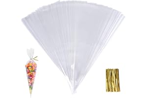 SHOKUTO 100Pcs Cone Bags, 25 x 13cm Clear Cello Treat Bags with Gold Twist Ties, Sweet Transparent Cellophane Bags, Triangle Goody Bag for Party Candy Snacks Chocolates Popcorn Cookies