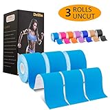 Deilin Kinesiology Tape Uncut, Elastic Therapeutic Sports Tapes for Knee Shoulder and Elbow, Waterproof Athletic Physio Muscles Strips, Breathable, Latex Free - 6m x 5cm Roll (3 Rolls Blue + eGuide)