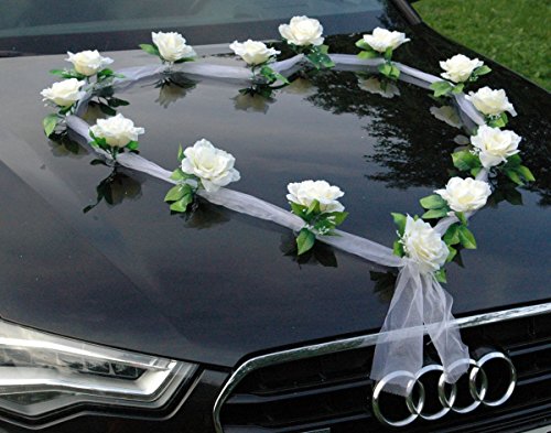ORGANZA HERZ Auto Schmuck Braut Paar Rose Deko Dekoration Autoschmuck Hochzeit Car Auto Wedding Deko Girlande PKW (Ecru / Weiß) - 2