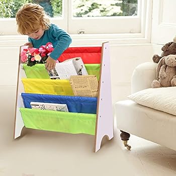 Scaffale Libreria KidKraft A 4 Livelli In Legno E Tessuto Per Bambini | Colori Pastello, 4 Tasche, Facile Montaggio