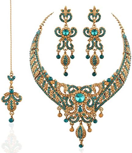 I Jewels Women's Wedding Necklace Set with Maang Tikka Blue