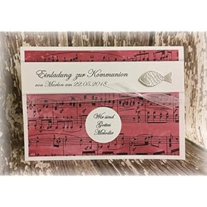 Einladung Einladungskarte Kommunion Konfirmation Musik Melodie Fisch silber grau dunkelrot bordeaux rot weinrot