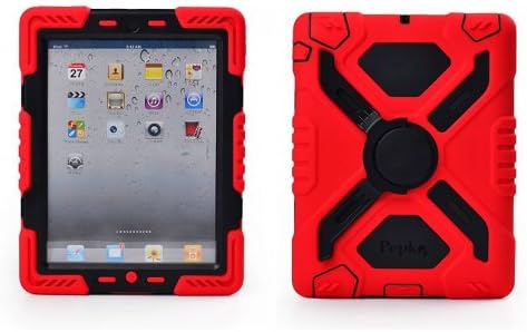 Hot Newest Ipad Mini Case Silicone Plastic Kid Proof Extreme Duty Dual Protective Back Cover with Kickstand and Sticker for Ipad Mini - Rainproof Sandproof Dust-proof Shockproof (Red/Black)