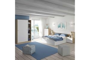 Miroytengo Pack Dormitorio Completo Alaya Color Blanco Y Roble para Camas 150 Cm (Cama+cabecero+2 Mesitas+Armario+sinfonier)