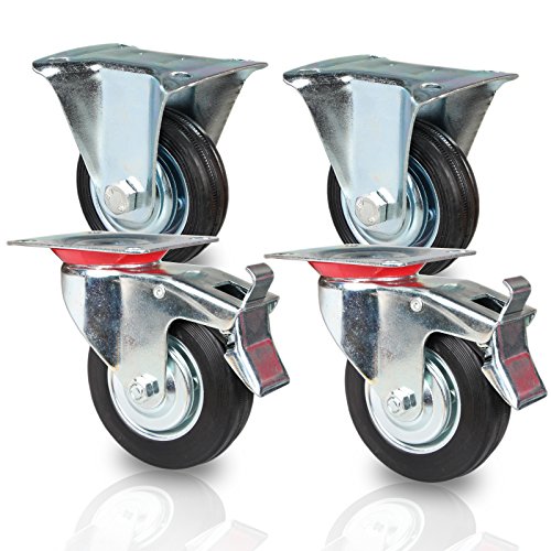 PRIOstahl TR-Set-1 Transportrollen Schwerlastrollen 4 Stück Bockrollen & 2X Lenkrolle mit Bremse | 75mm Durchmesser | Gummi Schwarz | Vollgummi mit Stahlfelge