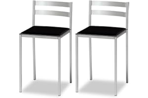 ASTIMESA 2 Taburetes de Cocina con Respaldo bajo, Franjas horizontales y Asiento tapizado - Estructura Color Aluminio - Asiento en Polipiel Negro