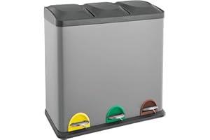 SVITA TC3X20 Poubelle à pédale, 60 l, grise, 3 x 20 l, en acier inoxydable, 3 poubelles XXL, pour tri des déchets, poubelle de cuisine
