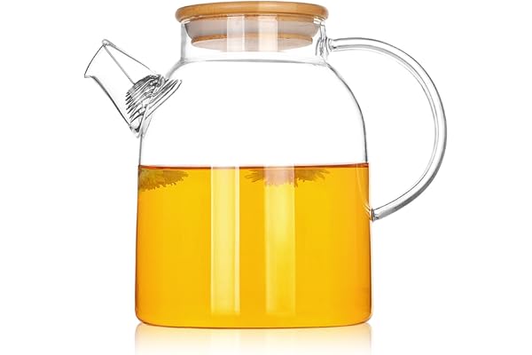 TAMUME 1500ML Théière en Verre Transparente avec Couvercle en Bambou et Acier Inoxydable Bobine de Filtre Cruche Verre Idéal pour Contenants de Thé aux Fruits et Théière en Fleurs