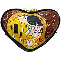 Portamonete dipinto a mano - IL BACIO DI KLIMT - Porta monete in pelle a forma di cuore per rossetto, carta credito, portachiavi, Portamonete donna, Mini Portafogli, Chiusura con cerniera lampo, Lavorazione Artigianale