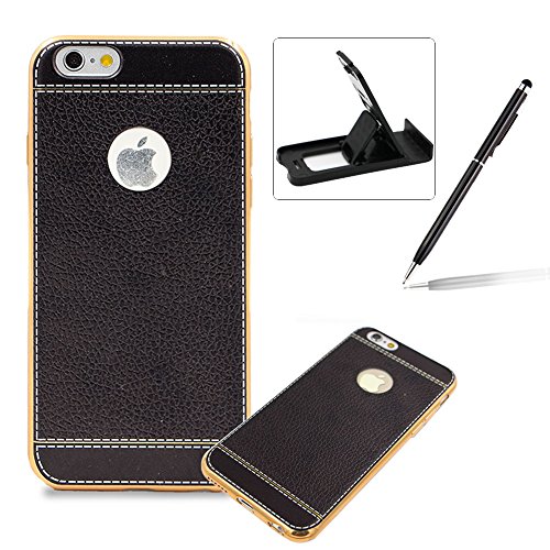 iPhone 6S Ultra Dünn Thin Kratzfest Hülle,iPhone 6 Leicht Leder Zurück Schale Case,Herzzer Luxus Gergeous Stoßfest [Gold Galvanisieren] Überzug TPU Rahmen Bumper Flexibel HandyHülle Schutzhülle Cover für iPhone 6/6S 4.7 Zoll + 1 x Frei Schwarz Handy Halterung Ständer + 1 x Frei Schwarz Stift Stylus -Schwarz