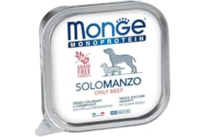GENERICO Monge Monoprotein umido cane, alimento completo per cani adulti di tutte le taglie gusto SOLO MANZO,formula monoproteica grainfree senza cereali | 12 vaschette da 150 grammi l'una.