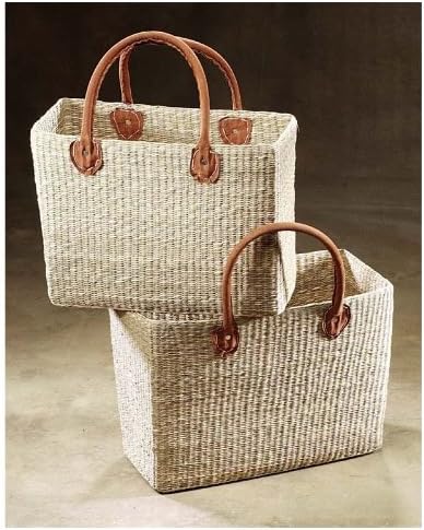 seagrass-bag,angular,double weaved, leather-handle, set/2