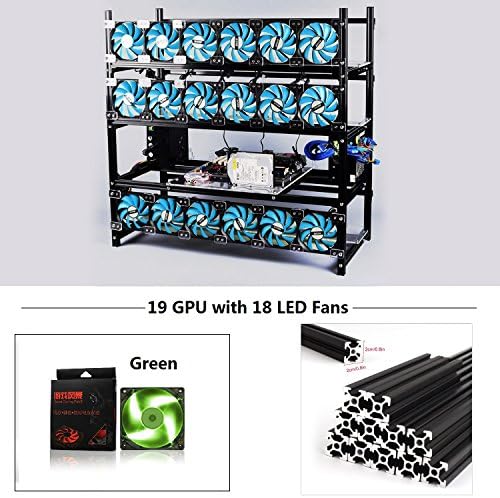 19 GPU Mining Rig Aluminum Stackable Case With 18 LED Fans Open Air Frame Miner Kit For ETH/ZEC/Bitcoin/Decred/Z Cash (Black-GF)