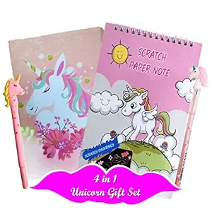 INDIKONB UNICORN 4 IN 1 || Unicorn Theme Birthday gift for kids Age 6-8 years , 10-12 year old || Unicorn Diary, Scratch Painting Book, Pen, Pencil (A)