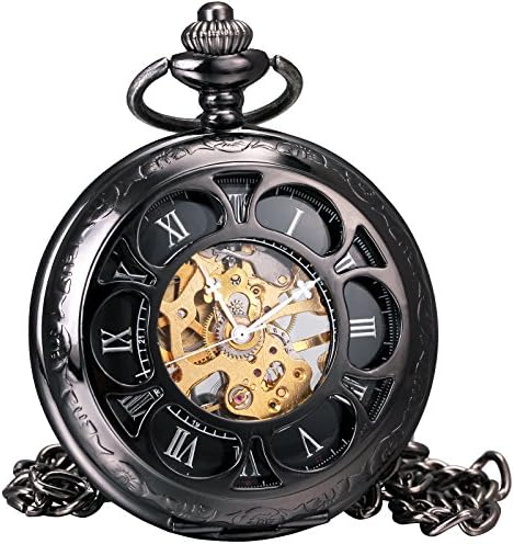 Vintage Hollow Men Women Mechanical Necklace Pocket Watch Half Hunter Skeleton Roman Numerals Dial with Chain
