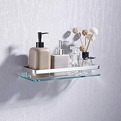 KES Aluminium Étagère en Verre Salle de Bains Trempé Rectangulaire 1 Étage Extra Épais Verre Argent Sable Pulvérisé Sur Le Mur, A4126A