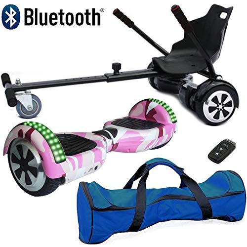 Nero Sport Bluetooth 6.5" Hover Scooter Board Self Balance with Hoverkart Go-Kart attachment bundle combo - Includes carry bag and remote key (CamoPink)