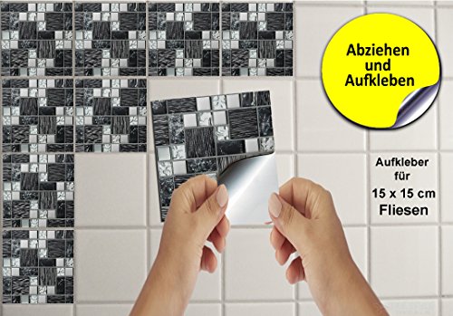 30 stück Fliesenaufkleber für Küche und Bad (Tile Style Decals 30xTP 71 -6in- Black & Silver Glass) | Mosaik Wandfliese Aufkleber für 15x15cm Fliesen | Fliesen-Aufkleber Folie Farbe – Mitternachtsblau | Deko-Fliesenfolie für Küche u. Bad (15cm – 30 stück, Schwarzes u. Silbernes) - 3