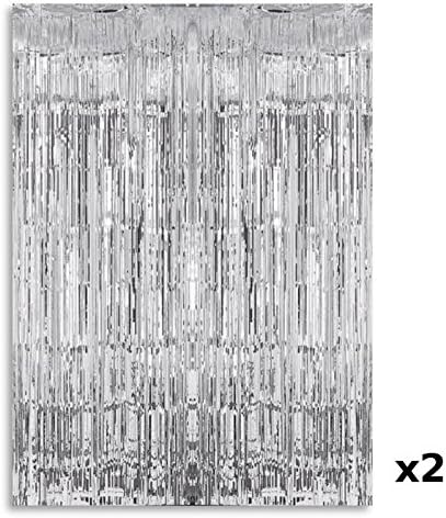 2 x SILVER Metalic Shimmer foil party tassel curtain 3FT X 8FT -