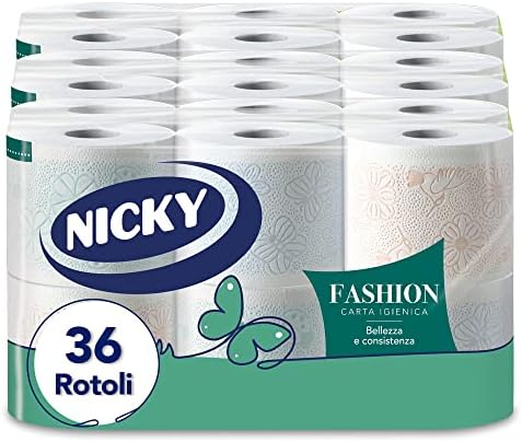 Nicky Fashion Carta Igienica - Confezione da 36 Maxi Rotoli a 4 Veli, 165 Strappi per Rotolo, Decorata, Resistente e Morbida sulla Pelle, Delicatamente Profumata al Talco, Prodotta in Italia