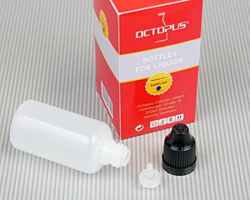10 x 30 ml Octopus Tropfflaschen, zur Dosierung von Flüssigkeiten, E-Liquids, Augentropfen, leere LDPE Kunststoffflaschen transparent, Plastikflaschen mit schwarzen Tropfverschlüssen, mit Kindersicherung, inkl. 10 Beschriftungsetiketten - 2
