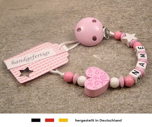 Preisvergleich Produktbild Baby SCHNULLERKETTE mit NAMEN / Schnullerhalter mit Wunschnamen - Mädchen Motiv Herz Ornament in rosa
