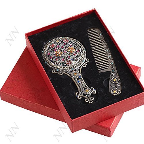 Kakaxi(TM) Vintage Antiqued Copper Mirror with Comb Set Chinese Featured Retro style Handmade Carved Hollow Pattern(Comes in Random Pattern)