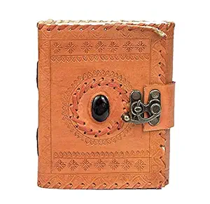 GifteQ Vintage Leather Handmade Paper Notebook Dairy Journal with Lock for Office/Home Size of (H) 7*(L) 5 with Lucky Stone Embossed for Men/Women/Girls/Boys (Orange)