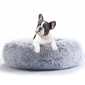 Napojoy Cat Beds for Indoor Cats, Plush Cat Bed with Machine Washable - Fluffy Dog and Cat Calming Cushion Bed for Sleep Improvement Anti Anxiety Donut Pet Dog Beds, 20 INCH Light Grey