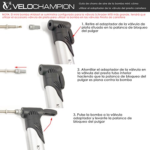 VeloChampion Airblast Doppelhub-Minipumpe, schwarz/silber – Mini Bike Pump for Road and MTB - 7