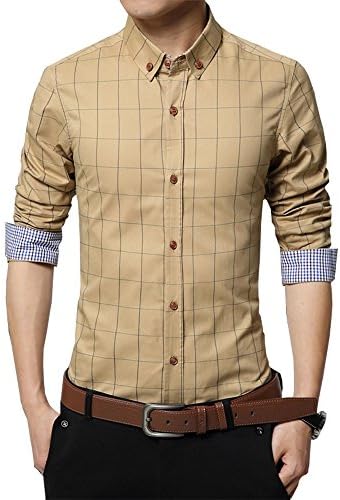 Gfirmament Men's Cotton Long Sleeve Plaid Slim Fit Casual Snap Buttons Plaid Dress Shirts (UK~ S--Asia L, Khaki)