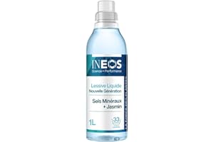 INEOS HYGIENICS Lessive Liquide Concentrée INEOS, Un Nettoyage Imbattable Grâce Au Pouvoir Des Plantes, Adaptée Aux Peaux Sensibles, Efficace Dès 20°C, Parfum Sels Minéraux et Jasmin, 1L (33 lavages)