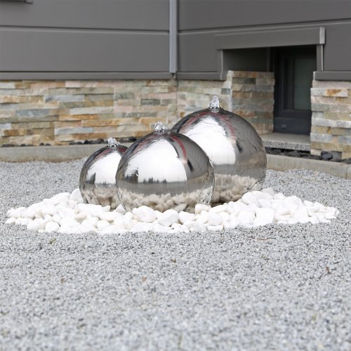 Edelstahl Kugelbrunnen ESB2 Gartenbrunnen inkl. LED Beleuchtung mit 3 Edelstahl Kugeln poliert, Komplettset mit Pumpe, Wasserbecken, LED Leuchten, Verteilern und Schläuchen, Außenbereich, 12V AC - 2