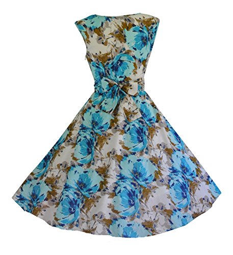 40's 50's Retro Vintage Style Lightweight Cotton Blue Peony Floral Dress (18)