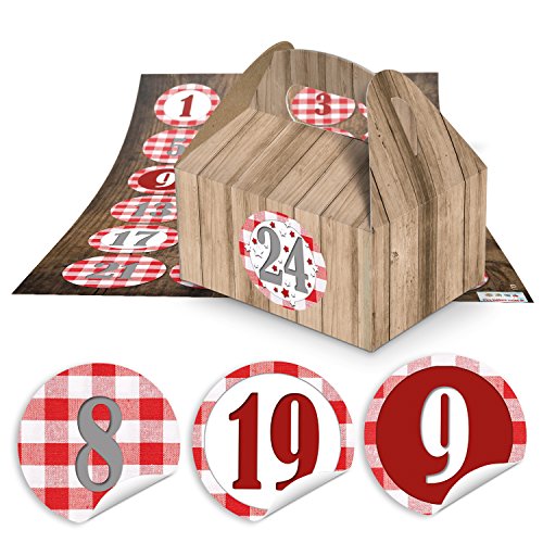 Download DIY Cadeau de Noël calendrier de l'avent aspect de bricolage : Set de 24 petits bois boîtes boîtes Brun de Cycle (9 x 12 x 6 cm sans poignée) + autocollant de motif à carreaux rouge/blanc de chiffres de 1 à 24-Faire Soi-Même