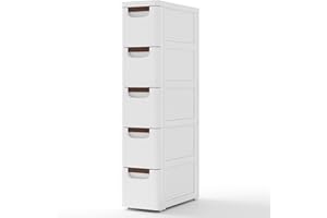 ‎COSTWAY COSTWAY Nischenschrank schmal mit Rollen, Nischenregal 20cm breit, Nischenwagen mit 5 Schubladen, Badrollwagen für Bad, Klassenzimmer, Studio & Salon, Weiß, 42 x 19 x 91 cm