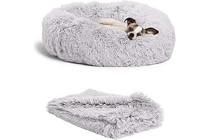 Wuudi Legowisko dla kota, poduszka dla psa, puszyste legowisko dla kota z kocem, okrągłe legowisko dla psa, 2 sztuki, miękkie, ciepłe legowisko dla zwierząt domowych + koc dla zwierząt domowych dla kotów i małych (jasnoszare)