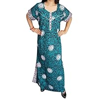 Mogul Interior Womens Caftan Nightgown Floral Print Blue Maxi Housewear Sleep Dress XL
