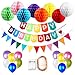 Produktbild Geburtstags Party Dekoration für Kinder (mit LED Streifen Licht), Happy Birthday Banner und 8pcs Bunte Seidenpapier Pompons Wabenbälle, 30pcs Party Ballons und 1pc Rainbow Dreieck Papier Garland