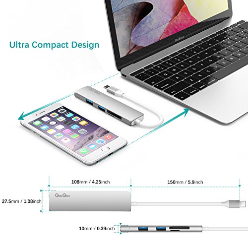 Type C Hub EgoIggo GN22A USB C Adapter USB C Kabel auf 2 Superspeed USB 3.0 Ports, 1 USB C Port mit PD, 1 SD Kartenleser und 1 MicroSD Kartenleser Aluminium Gehäuse geeignet für MacBook, MacBook Pro, Google Chromebook, Huawei Matebook (Silber) - 6