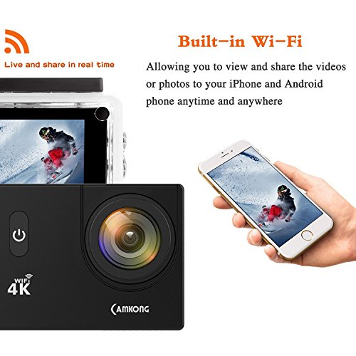 CAMKONG Cámara Deportiva Ultra HD 4K, Cámara Acción con Cáscara Impermeable Wi-Fi 12MP Sumergible hasta 30m con Doble Batería de 1350 mAh