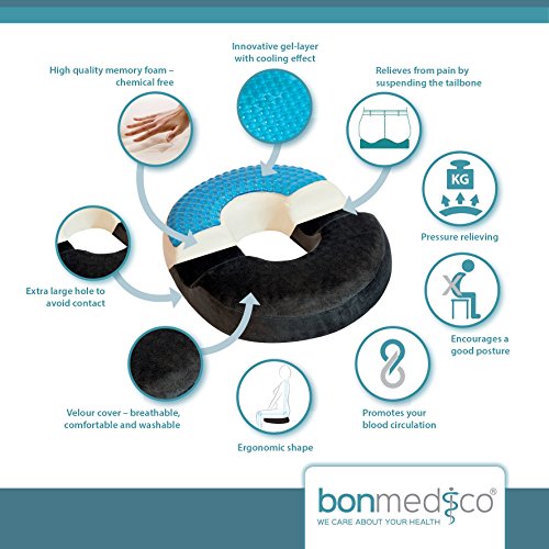Bonmedico® Orthopädisches Hämorrhoiden-Sitzkissen mit innovativer Gel-Beschichtung, wirkt schmerzreduzierend, sorgt für eine gerade Körperhaltung und Steißbein-Entlastung, geeignet für Auto, Sofa, Office- & Rollstuhl sowie Reisen, in Schwarz/ Black - 2