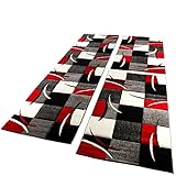 Farbe: siehe Foto Paco Home Bettumrandung Läufer Teppich Modern Karo Rot Grau Schwarz Weiss Läuferset 3 TLG, Grösse:2mal 80x150 1mal 80x300