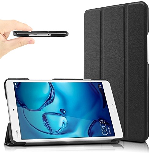 Huawei MediaPad M3 8.4 Hülle, Infiland Ultra Dünn Tri-Fold Smart-Muschel PU Leder Ultra Schlank Superleicht Ständer Smart Shell Cover Schutzhülle Etui Tasche für Huawei MediaPad M3 8.4 Tablet-PC (mit Auto Schlaf / Wach Funktion)(Schwarz)